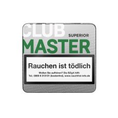 Dose Clubmaster Zigarillos Superior Brazil No 144. Silberne Dose mit weißer Club und grüner Master Aufschrift und Zigarillo.