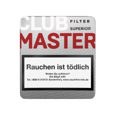 Packung Zigarillos Clubmaster Superior Red Filter. Silberne Packung mit weißer Club und roter Master Aufschrift.