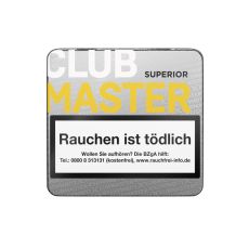 Dose Clubmaster Zigarillos Superior Sumatra No 141. Silberne Dose mit weißer Club und gelber Master Aufschrift und Zigarillo.