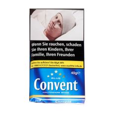 Pouch Tabak Convent Halfzware Blue. Blaues Päckchen mit weißer Convent Auschrift und Sternen.