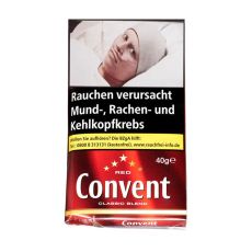 Pouch Tabak Convent Classic Blend. Rotes Päckchen mit weißer Convent Auschrift und Sternen.