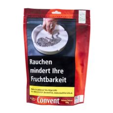 Beutel Tabak Convent Red. Roter Beutel mit weißer Convent Aufschrift und Warnhinweis.