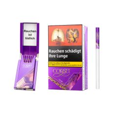 Packung Zigaretten Corset Super Slim Lila. Lila gemustertes Shell Pack mit goldener Corset Auschrift und Corset Zigarette.