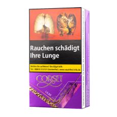 Packung Zigaretten Corset Super Slim Lilas. Lila gemustertes Shell Pack mit goldener Corset Auschrift.
