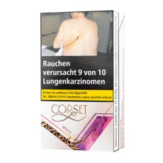 Packung Zigaretten Corset Super Slim White. Weiss-lila  gemustertes Shell Pack mit goldener Corset Auschrift.