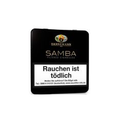 Dose Dannemann Samba Filterzigarillos. Schwarze Metalldose mit goldener Samba Aufschrift.