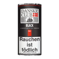 Pouch Danske Club Pfeifentabak Black 50g. Schwarzes Päckchen mit Danske Logo und weißer Black Aufschrift.
