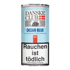 Pouch Danske Club Pfeifentabak Ocean Blue 50g. Hellblaues Päckchen mit Danske Logo.