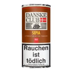Pouch Danske Club Pfeifentabak Sepia 50g. Bronzenes Päckchen mit Danske Logo und gelber Sepia Aufschrift.