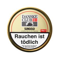 Dose Danske Club Pfeifentabak Sungold. Beige Dose mit Danske Club Logo und schwarzer Sungold Aufschrift.