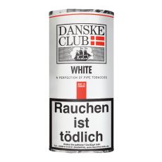 Pouch Danske Club Pfeifentabak White 50g. Weißes Päckchen mit Danske Logo und schwarzer White Aufschrift.