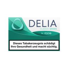 Packung Tabaksticks IQOS Delia Classic Green. Türkis-weiße Packung mit Delia Aufschrift.