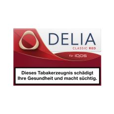 Packung Tabaksticks IQOS Delia Classic Red. Rot-weiße Packung mit Delia und Iluma Aufschrift.