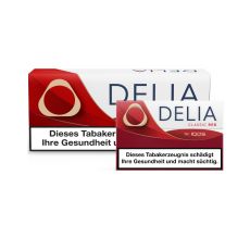 Stange Tabaksticks IQOS Delia Classic Red. Rot-weiße Packung mit Delia Aufschrift und Sticks.