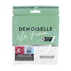 Beutel Demoiselle La Fusion Filter Tips. Mintgrüner Beutel mit schwarzer Demoiselle Aufschrift und weiße Filter.