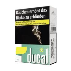Schachtel Zigaretten Ducal Plus Green. Grün-weiße Packung mit weißem Ducal Logo und gelben Pluszeichen.