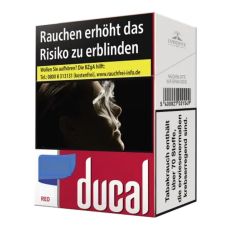 Schachtel Zigaretten Ducal Red XXXL. Große rot-weiße Packung mit weißer Ducal Aufschrift.