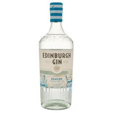 Edingurgh Gin Seaside Costal Dry Gin. Klare Flasche mit weiß-blauem Etikett und Edinburgh Gin Aufschrift und blauem Küstenmotiv.