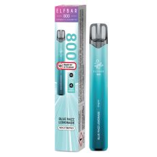 Lila-türkise Packung Elfbar 800 Einweg E-Zigarette Blue Razz Lemonade. Türkises Gerät weißem Elfbar Logo im Vordergrund mit nikotinfrei Bottom.