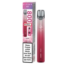 Lila-rote Packung Elfbar 800 Einweg E-Zigarette Cherry. Rot-weißes Gerät weißem Elfbar Logo im Vordergrund.