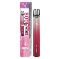 Lila-rote Packung Elfbar 800 Einweg E-Zigarette Cherry. Rot-weißes Gerät weißem Elfbar Logo im Vordergrund und nikotinfrei Bottom.
