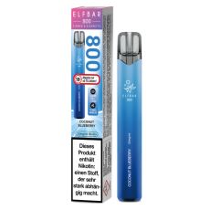 Lila-blaue Packung Elfbar 800 Einweg E-Zigarette Blueberry. Dunkelblaues Gerät weißem Elfbar Logo im Vordergrund.