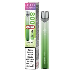 Lila-hellgrüne Packung Elfbar 800 Einweg E-Zigarette Grape Mint. Hellgrünes Gerät weißem Elfbar Logo im Vordergrund.