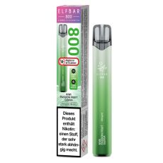 Lila-grüne Packung Elfbar 800 Einweg E-Zigarette Kiwi Passion Fruit Guava. Grünes Gerät weißem Elfbar Logo im Vordergrund.