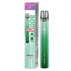 Lila-grüne Packung Elfbar 800 Einweg E-Zigarette Menthol. Grünes Gerät weißem Elfbar Logo im Vordergrund und nikotinfrei Bottom.