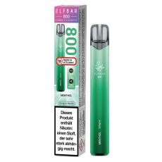 Lila-grüne Packung Elfbar 800 Einweg E-Zigarette Menthol. Grünes Gerät weißem Elfbar Logo im Vordergrund.