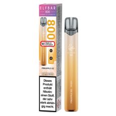 Lila-gelbe Packung Elfbar 800 Einweg E-Zigarette Pineapple Ice. Gelbes Gerät weißem Elfbar Logo im Vordergrund.