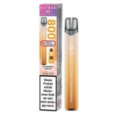 Lila-gelbe Packung Elfbar 800 Einweg E-Zigarette Strawberry Apricote. Gelbes Gerät weißem Elfbar Logo im Vordergrund.