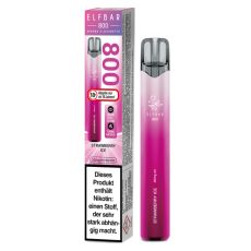 Rosa-weiße Packung Elfbar 800 Einweg E-Zigarette Strawberry Ice. Dunkelrosa Gerät weißem Elfbar Logo im Vordergrund.