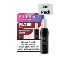 Elfbar Elfa Filter Series American Blend Tobacco Liquid Pods. Braun-rosa mamorierte Packung mit großer weißer Filter Aufschrift und schwarzem Liquid Pod mit 5er Pack Bottom.