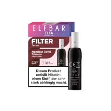 Elfbar Elfa Filter Series American Blend Tobacco Liquid Pods. Braun-rosa mamorierte Packung mit großer weißer Filter Aufschrift und schwarzem Liquid Pod mit Filter.