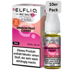 Elfbar Elfliq Liquid Dragon Fruit Cherry. Rosa-pink gemusterte Packung mit großer Elfliq Aufschrift und PET-Flasche und 10er Pack Bottom.