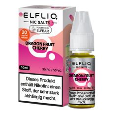 Elfbar Elfliq Nic Salt Liquid Dragon Fruit Cherry. Rosa-pink gemusterte Packung mit großer Elfliq Aufschrift und PET-Flasche.