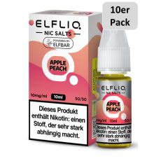 Elfbar Elfliq Liquid Apple Peach. Rosa-pfirsichfarbende gemusterte Packung mit 10er Pack Bottom.