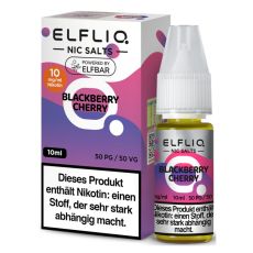 Elfbar Elfliq Nic Salt Liquid Blackberry Cherry. Rosa-lila gemusterte Packung mit großer Elfliq Aufschrift und PET-Flasche.