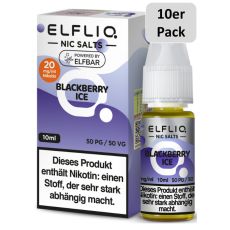 Elfbar Elfliq Nic Salt Liquid Blackberry Ice. Lila gemusterte Packung mit großer Elfliq Aufschrift und 10er Pack Bottom.