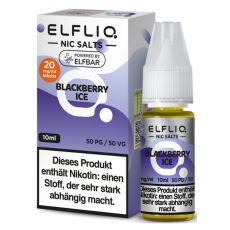 Elfbar Elfliq Nic Salt Liquid Blackberry Ice. Lila gemusterte Packung mit großer Elfliq Aufschrift und PET-Flasche.