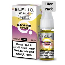 Elfbar Elfliq  Liquid Blackberry Lemon. Gelb-lila gemusterte Packung mit großer Elfliq Aufschrift und 10er Pack Bottom.