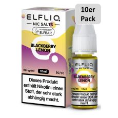 Elfbar Elfliq  Liquid Blackberry Lemon. Gelb-lila gemusterte Packung mit großer Elfliq Aufschrift und 10er Pack Bottom.