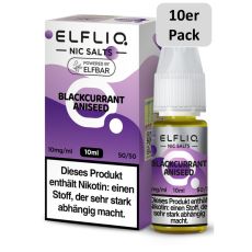 Elfbar Elfliq Liquid Blackcurrant Aniseed. Lila gemusterte Packung mit großer Elfliq Aufschrift und 10er Pack Bottom.