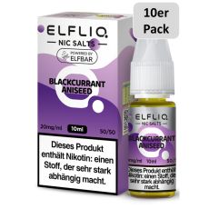 Elfbar Elfliq  Liquid Blackcurrant Aniseed. Weiß-lila gemusterte Packung mit großer Elfliq Aufschrift und 10er Pack Bottom.