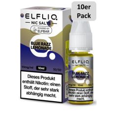 Elfbar Elfliq  Liquid Blue Razz Lemonade. Lila-beige gemusterte Packung mit großer Elfliq Aufschrift und 10er Pack Bottom.