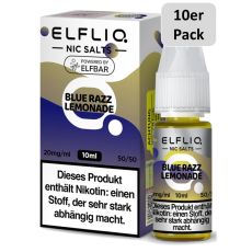 Elfbar Elfliq  Liquid Blue Razz Lemonade. Lila-beige gemusterte Packung mit großer Elfliq Aufschrift und 10er Pack Bottom.
