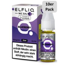 Elfbar Elfliq Liquid Blueberry. Lila-weiße gemusterte Packung mit großer Elfliq Aufschrift und 10er Pack Bottom.