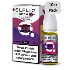 Elfbar Elfliq Liquid Blueberry Sour Raspberry. Lila-weiße gemusterte Packung mit großer Elfliq Aufschrift und 10er Pack Bottom.