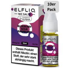 Elfbar Elfliq Liquid Blueberry Sour Raspberry. Lila-weiße gemusterte Packung mit großer Elfliq Aufschrift und 10er Pack Bottom.